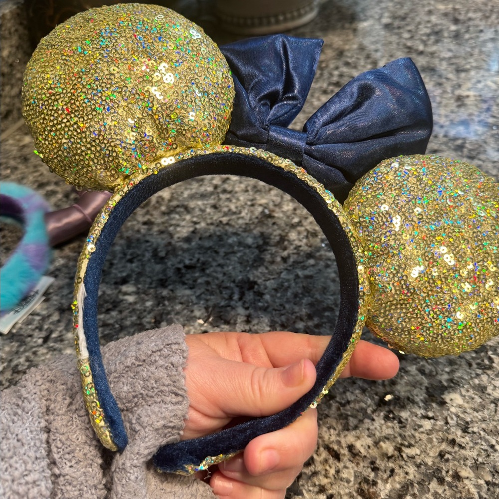 Disney Gold Sequin Minnie Ear Headband with Navy Bow - Picture 2 of 2